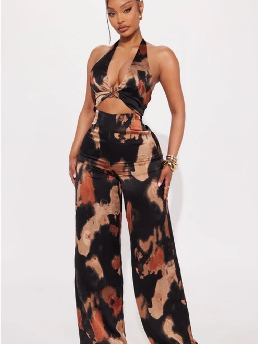 Tie-Front Halter Jumpsuit in Black & Brown Tie-Dye